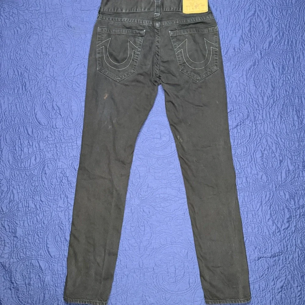 True Religion Skinny Jeans Mens 30 Black Cotton Denim Horseshoe Stitch Staind